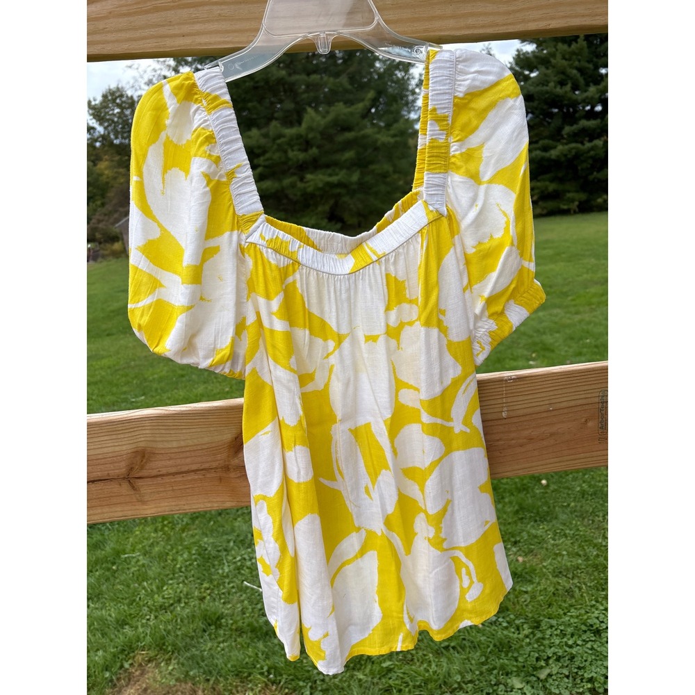 Sonoma Goods For Life Yellow White Floral Puff Sleeve Square Neck Blouse Medium